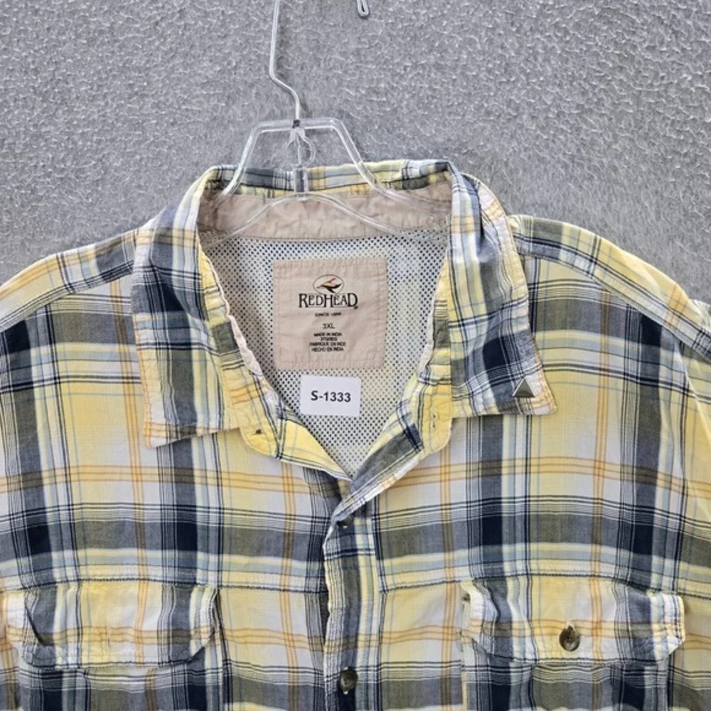 RedHead Men Button‎ Up Shirt 3XL Yellow Plaid Cargo Pockets Hiking Mesh Cotton